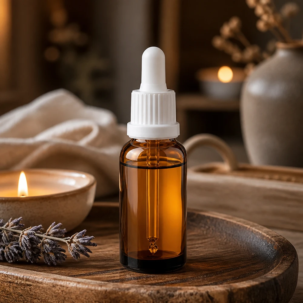 Frasco pipeta 20ml cierre inviolable blanco BrownLine UT18/20 Elegante frasco pipeta de 20 ml en marrón cálido con tapón cuentagotas blanco ergonómico para facilitar su manejo