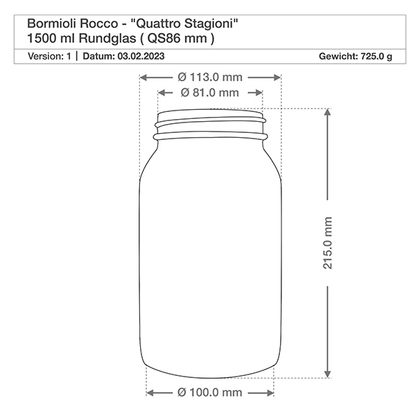 Vaso redondo "Quattro Stagioni" de 1500ml con tapa Dibujo técnico Bormioli Rocco Quattro Stagioni 1500ml tarro redondo - Dimensiones y especificaciones para tarro de conserva