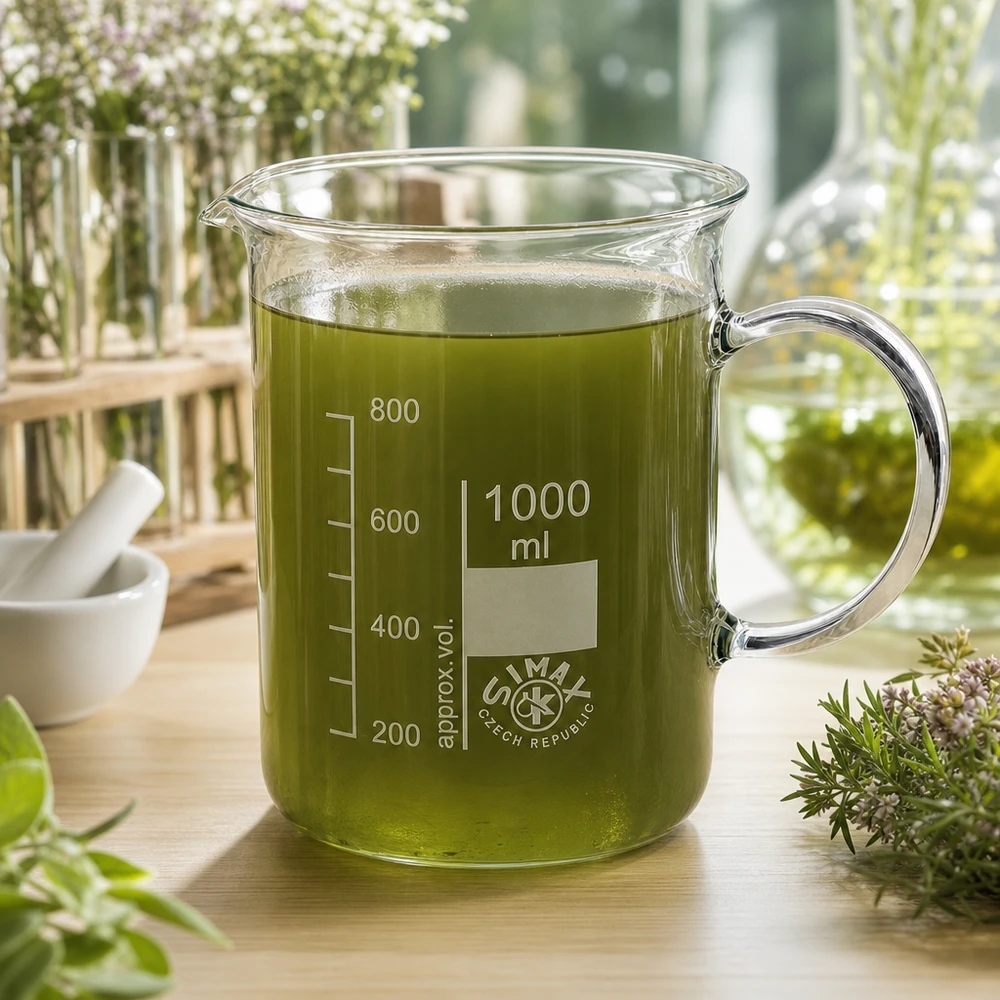 Vaso de precipitados de 1000 ml con asa, lleno de extracto de hierbas verdes y rodeado de hierbas medicinales frescas