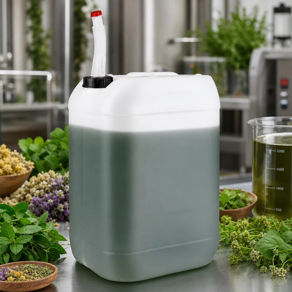 Bidón verde y blanco de 25 litros con tubo de salida flexible, rodeado de hierbas frescas y plantas medicinales