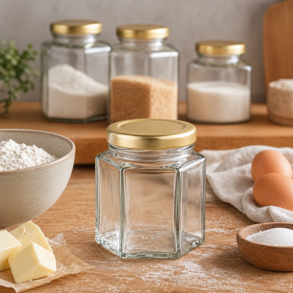 Tarro para miel de 60 g con tapa dorada BasicSeal UNiTWIST 60g tarro de miel hexagonal vacío en la escena de la cocina con ingredientes para hornear harina huevos mantequilla y frascos de almacenamiento