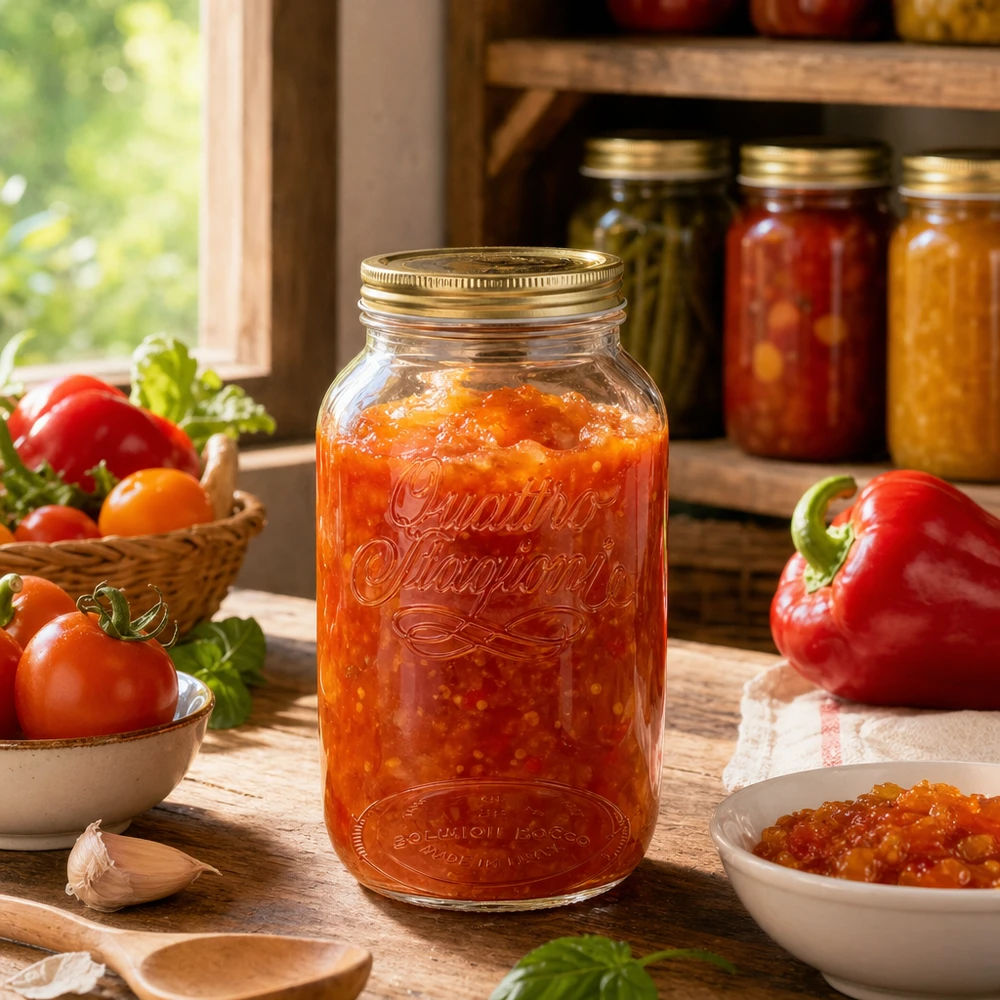 Tarro redondo "Quattro Stagioni" de 3800ml con tapa. Quattro Stagioni Tarro redondo de 3800 ml lleno de salsa de tomate junto con tomates y pimientos frescos Conservas