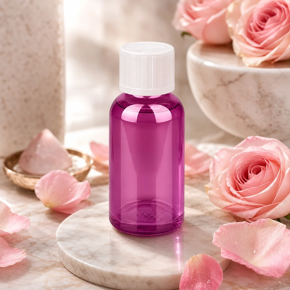 Botella de 30ml con tapón de rosca blanco de 11mm a prueba de niños PurpleLine UT18/30 Frasco de 30 ml de vidrio de borosilicato de alta calidad en elegante color violeta para cosmética y aromaterapia