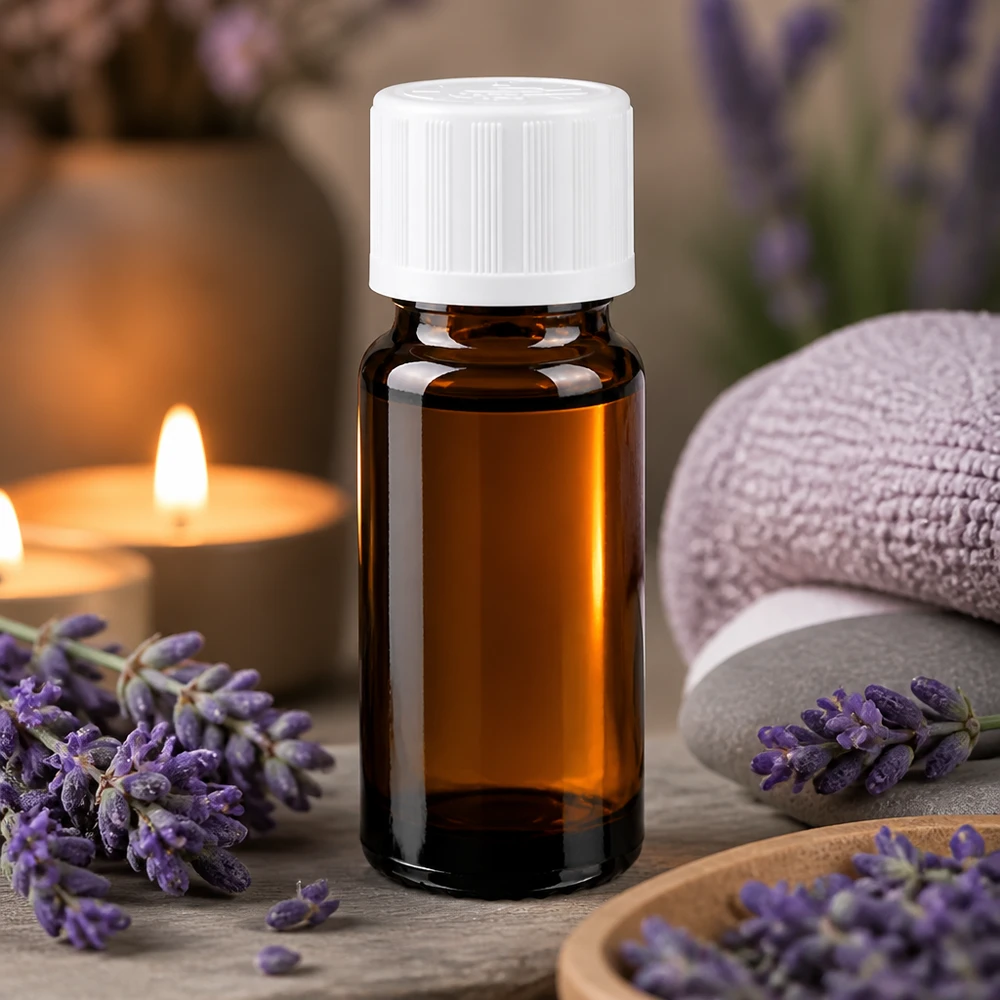 Pequeño frasco de farmacia marrón de 10 ml con tapón de rosca blanco y flores de lavanda sobre fondo de madera