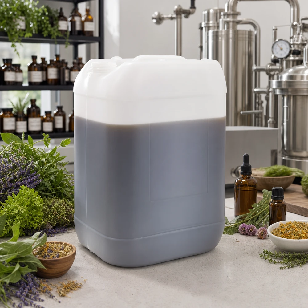 Bidón gris de 25 litros sin tapón entre las hierbas frescas en la producción de cosméticos naturales