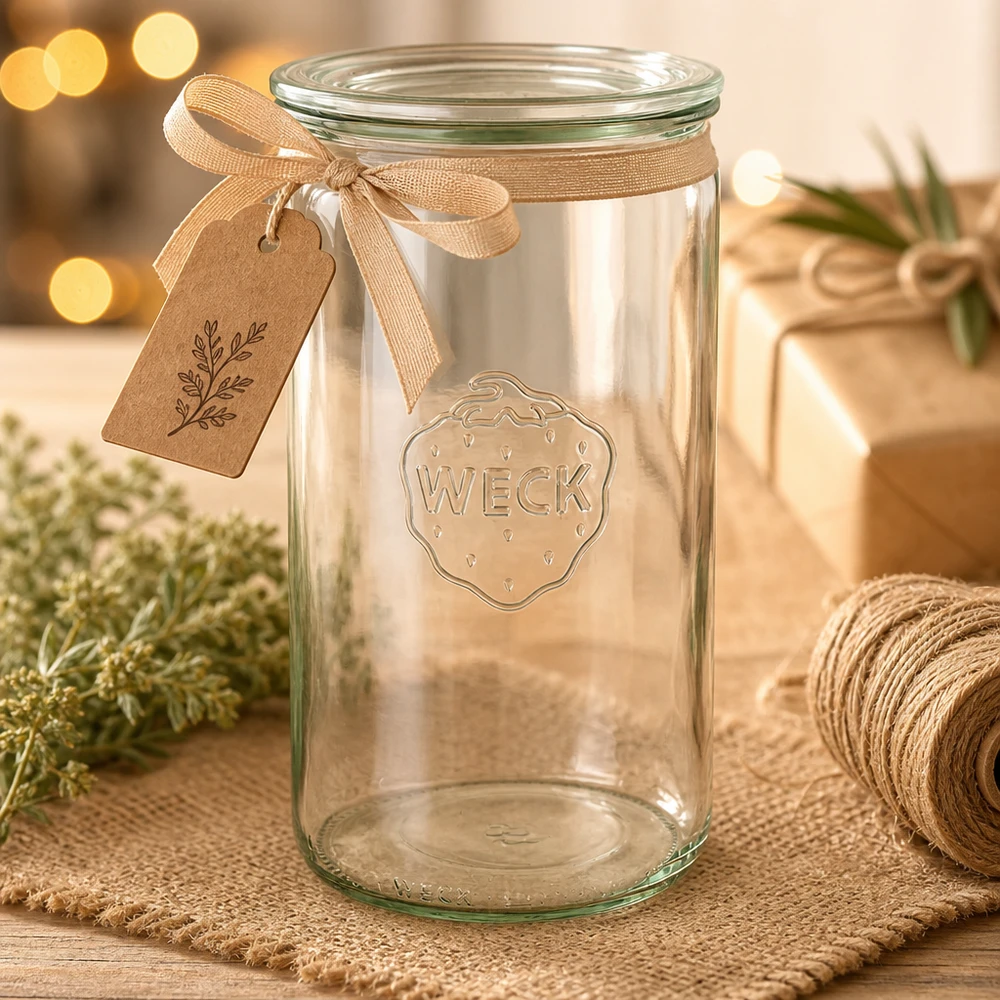 Tarro cilíndrico de 1590ml con tapa de cristal WECK RR100 Tarro cilíndrico WECK 1590ml RR100 vacío con cinta de regalo marrón y colgante decorado para Navidad sobre una mesa de madera