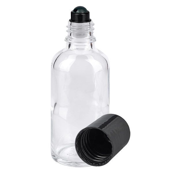 Botella de farmacia transparente 50ml tapón roll-on negro Botella de farmacia transparente 50ml tapón roll-on negro