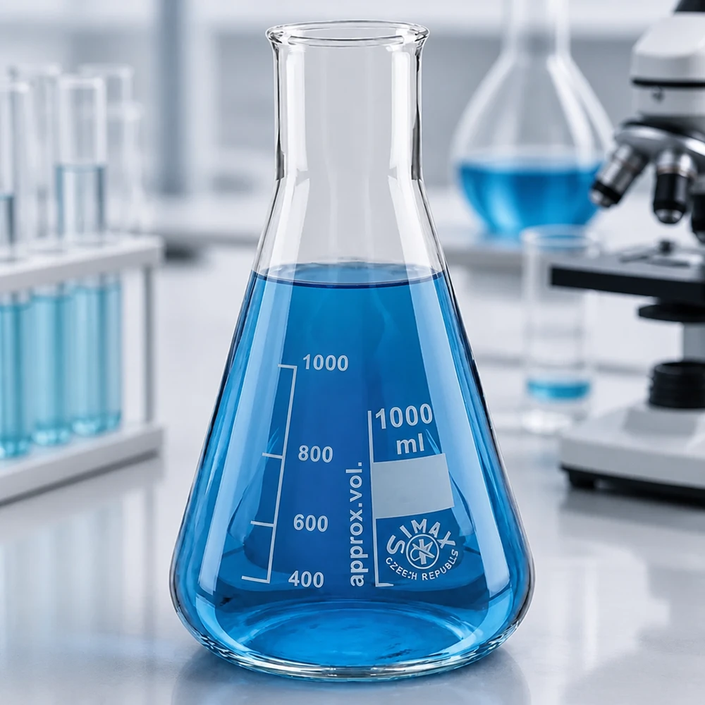 Erlenmeyer 100ml cuello ancho Matraz Erlenmeyer cónico de 100 ml y cuello ancho con líquido azul en un moderno entorno de laboratorio