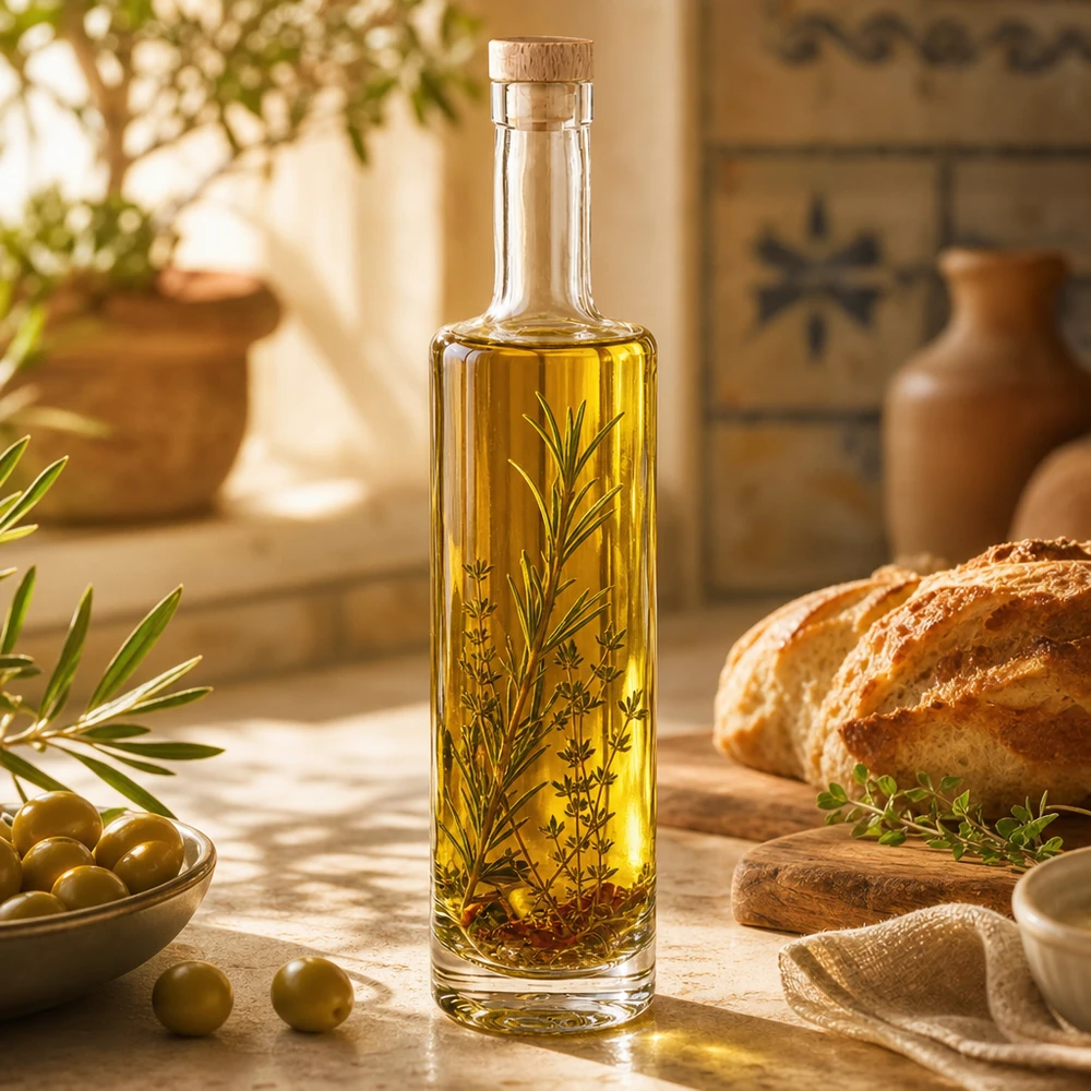 Botella de vidrio de 500 ml «Lina» con tapón de corcho con asa de madera UNiTWIST® 500ml Glasflasche Lina mit Holzkorken gefüllt mit Kräuteröl mediterrane Küche Oliven Brot rustikale Atmosphäre