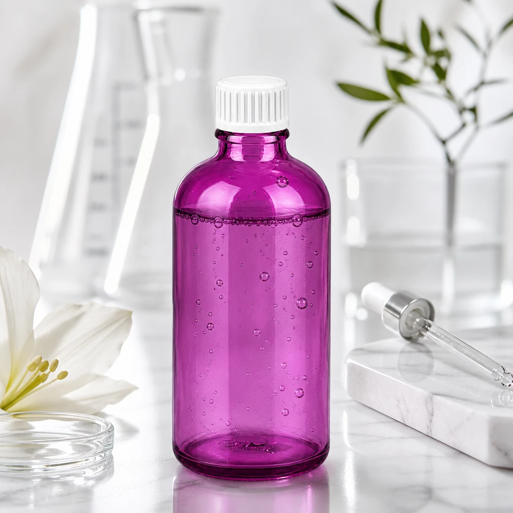 Frasco de 100 ml (glóbulo) Anillo vertedor de 3 mm blanco PurpleLine estándar. UT18/100 Frasco de laboratorio de 100 ml de vidrio de alta calidad de color morado para aplicaciones farmacéuticas