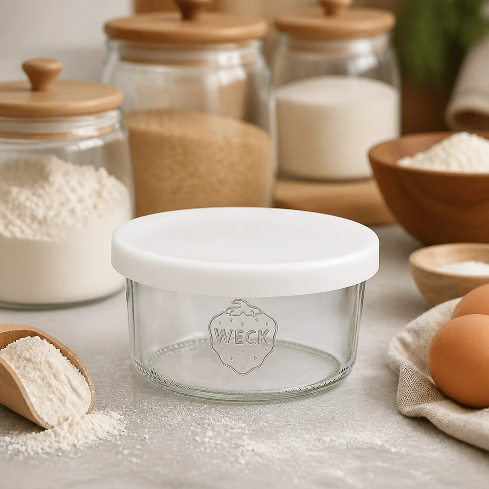 WECK 165ml RR80 vasos con tapa de silicona blanca en la cocina entre los ingredientes para hornear, harina, huevos y frascos de almacenamiento