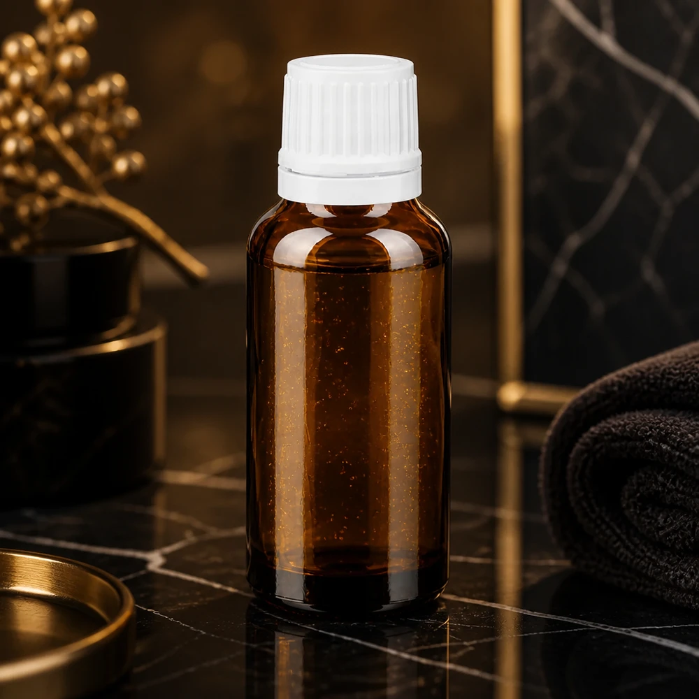Botella de farmacia marrón 20ml tapón cuentagotas 1.2mm tapón inviolable blanco Frasco opaco de 20 ml de cristal de farmacia con tapón cuentagotas blanco sobre fondo de mármol negro