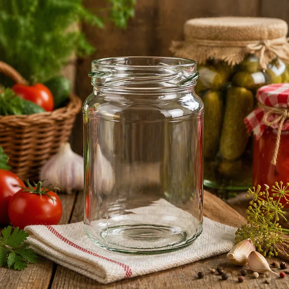 Tarro de cristal redondo de 205ml sin tapa (TO58) UNiTWIST UNiTWIST Runda205 tarro redondo 205ml TO58 tarro de conserva vacío en la mesa de la cocina con verduras y hierbas en el fondo