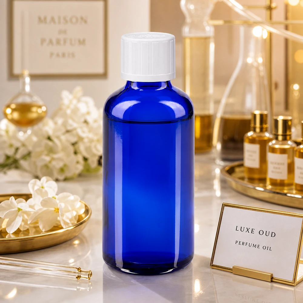 Frasco de farmacia azul de 50 ml con tapón de seguridad para niños de color blanco, como envase para aceite de perfume en un entorno de lujo