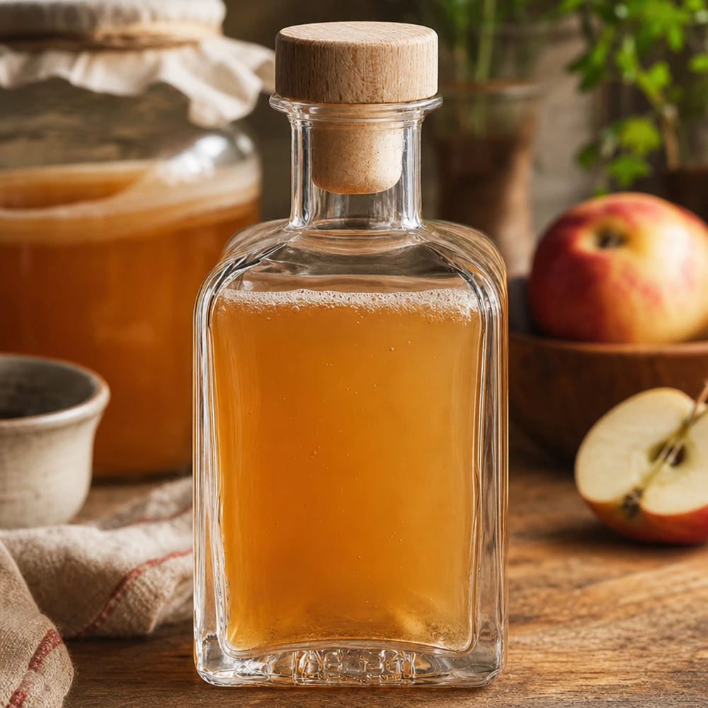 Botella de cristal de 200ml Clara llena de zumo de manzana corcho de madera rodajas de manzana cocina rustica zumos naturales botella decorativa
