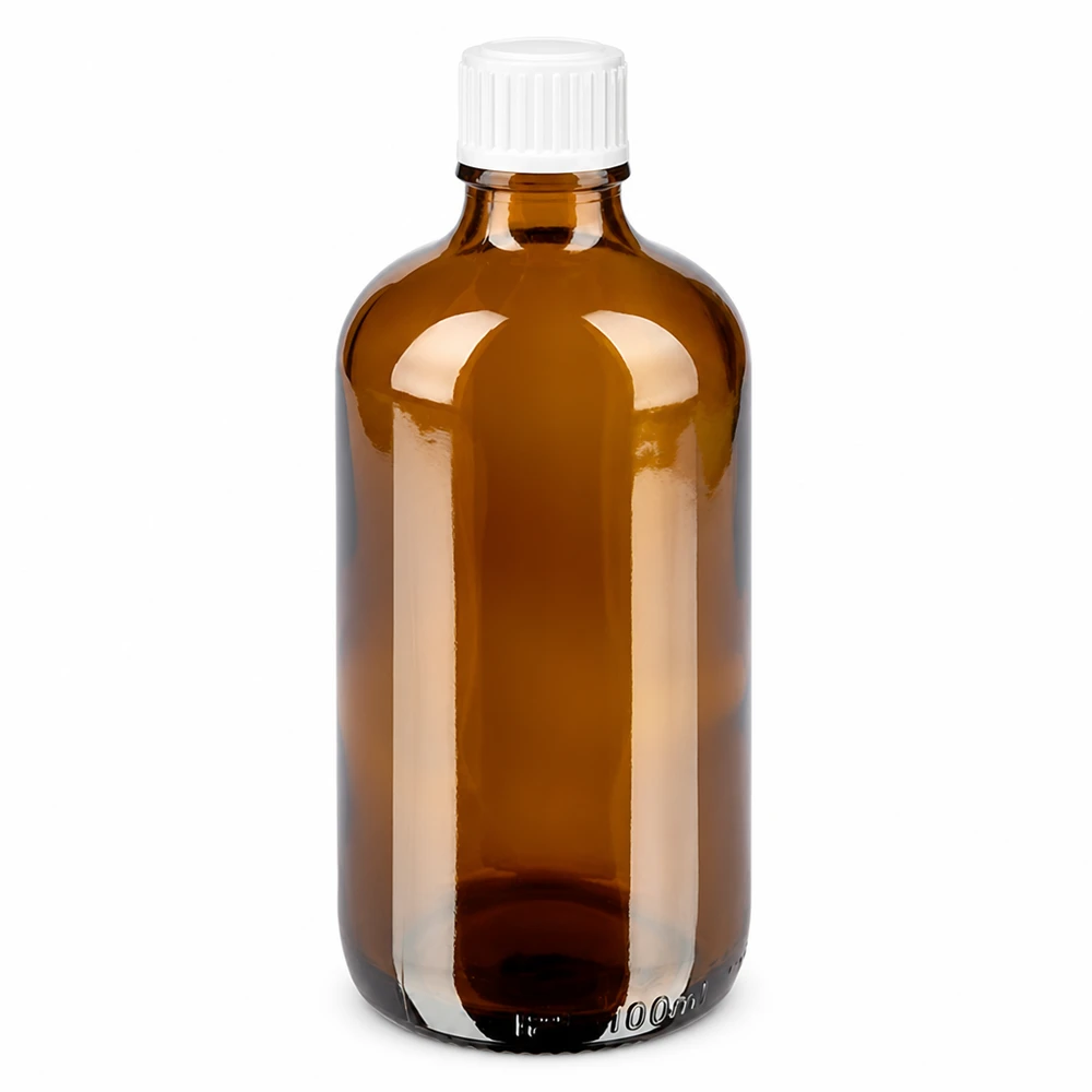 Botella de farmacia marrón 100ml tapón rosca blanco estándar Frasco de farmacia de cristal marrón de 100 ml con tapón de rosca blanco de 11 mm