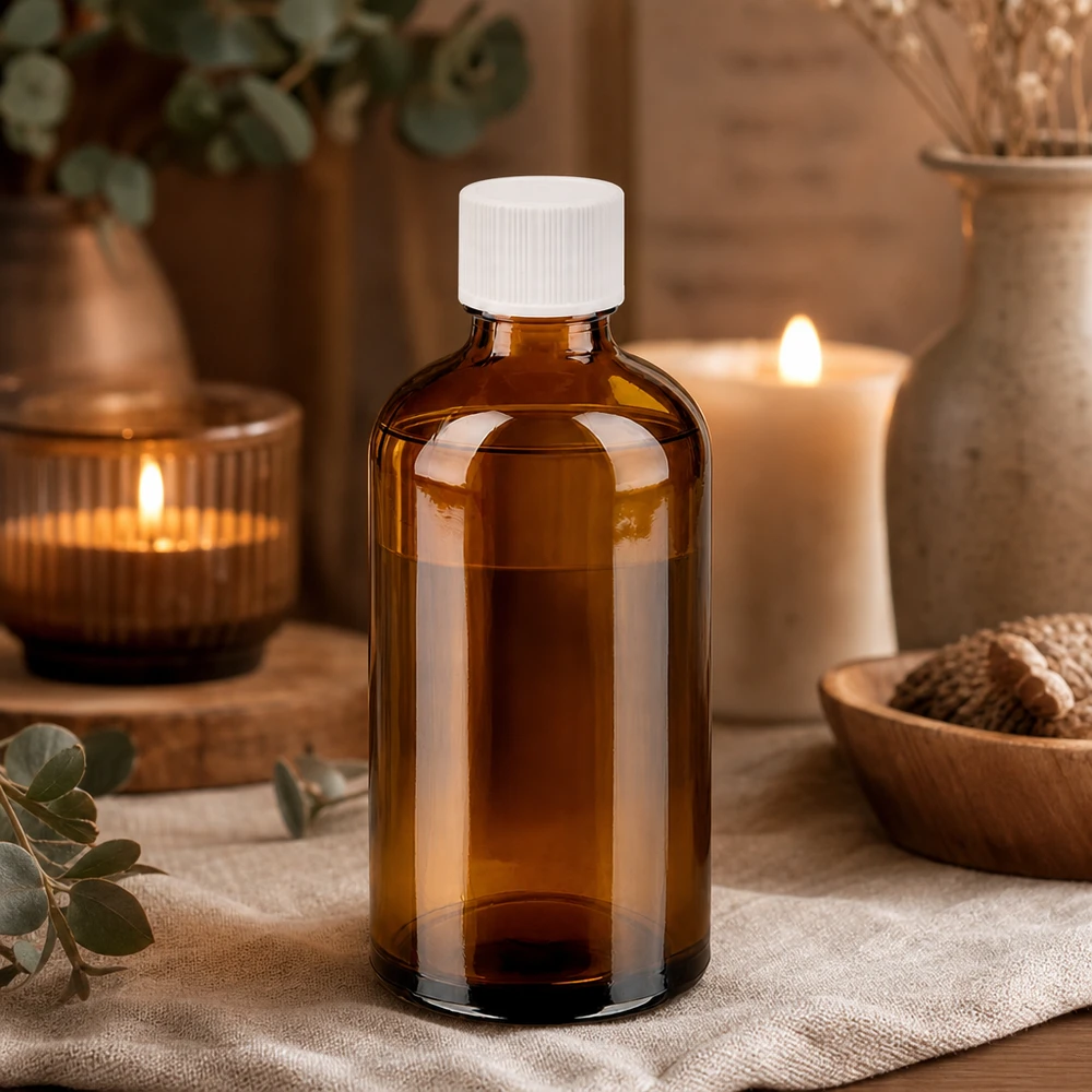 Pequeño frasco de vidrio ámbar de 100 ml con tapón blanco ideal para cosméticos DIY y remedios naturales