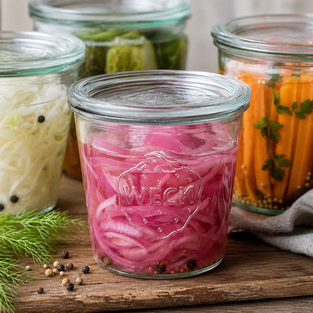 WECK 580ml tarro de cristal lleno de verduras en escabeche y especias para la fermentación Ejemplo junto al eneldo