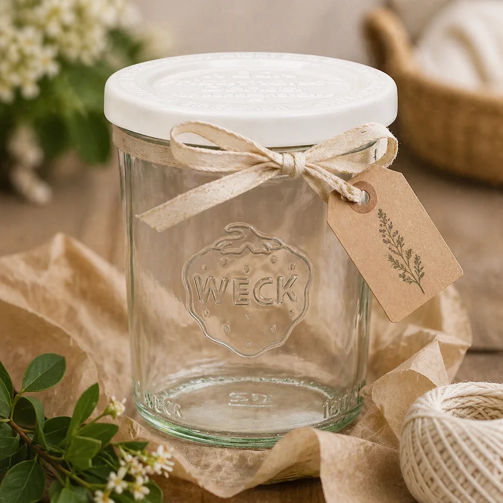 Vaso de cristal de 160 ml con tapa hermética WECK RR60 WECK Sturzglas 160ml mit Dekobändchen und Anhänger - rustikale Geschenkverpackung für selbstgemachte Marmelade