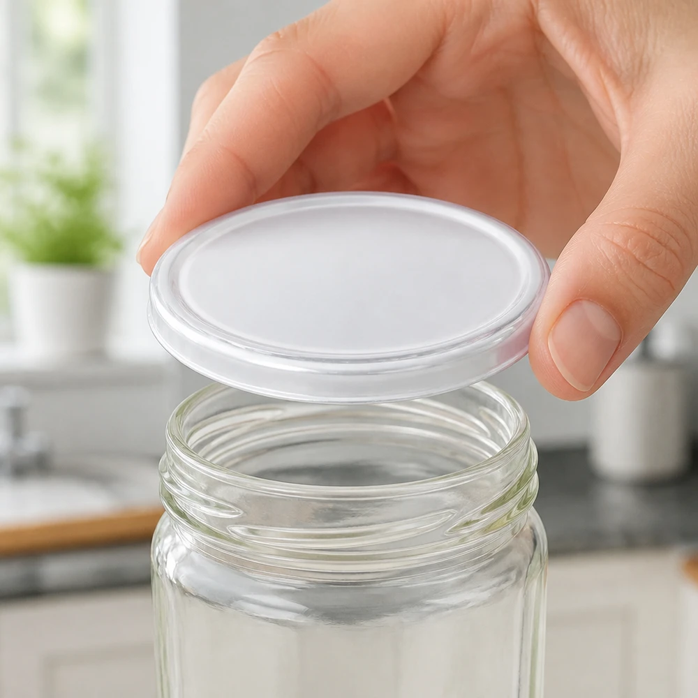 Tapa plana de plástico blanco de 58 mm, modelo BasicSeal TO58 UniTwist, para tarros de conservación