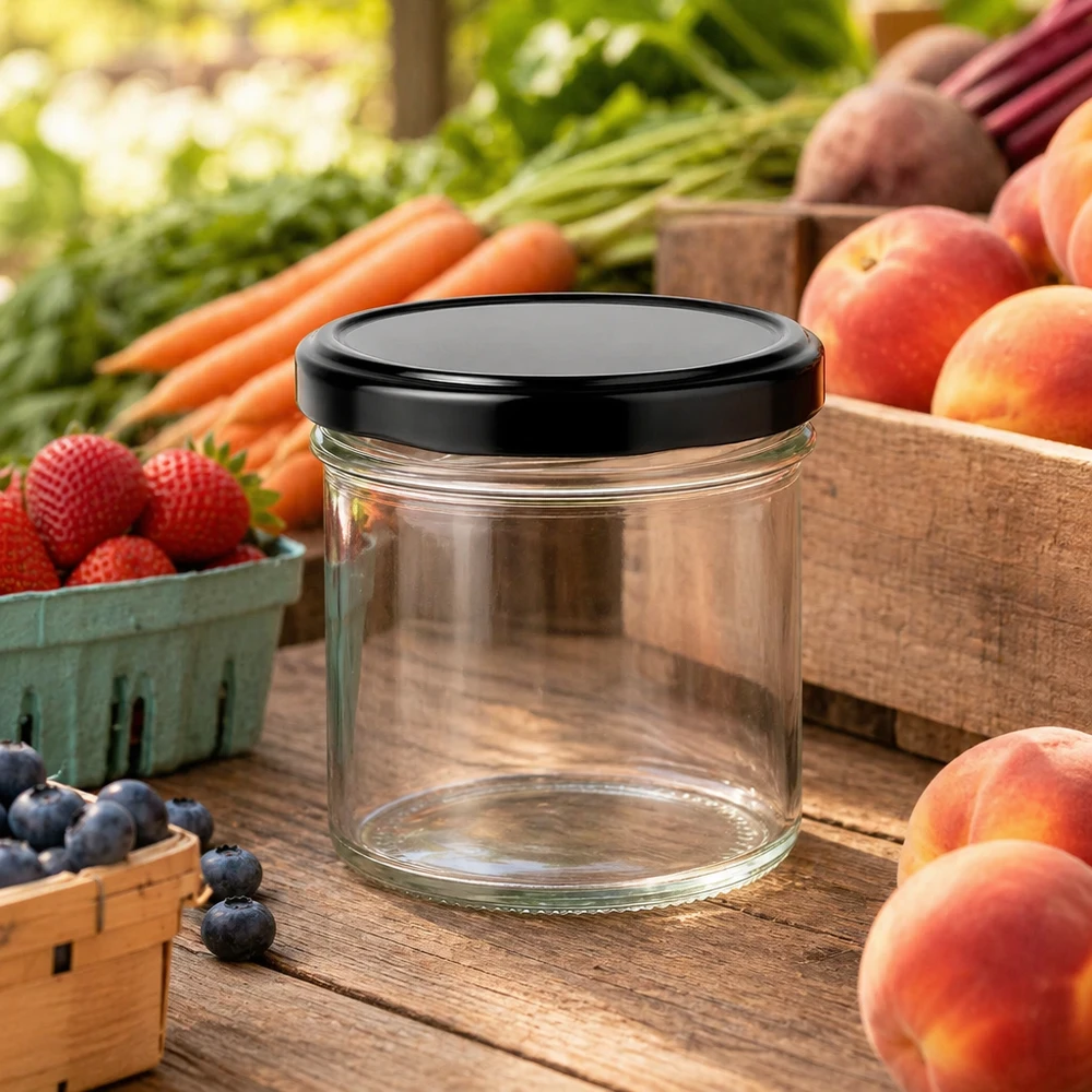 Vasos de 125ml con tapa BasicSeal negro UNiTWIST Vasos de 125 ml con tapa negra entre frutas y verduras frescas sobre una mesa de madera Ambiente de puesto de mercado