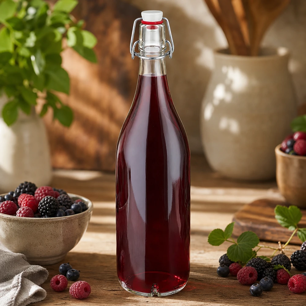 Botella de vidrio de 1000ml + tapa oscilante de porcelana UNiTWIST 1000ml Glasflasche mit Bügelverschluss gefüllt mit Beerensaft neben frischen Himbeeren und Blaubeeren auf Holz
