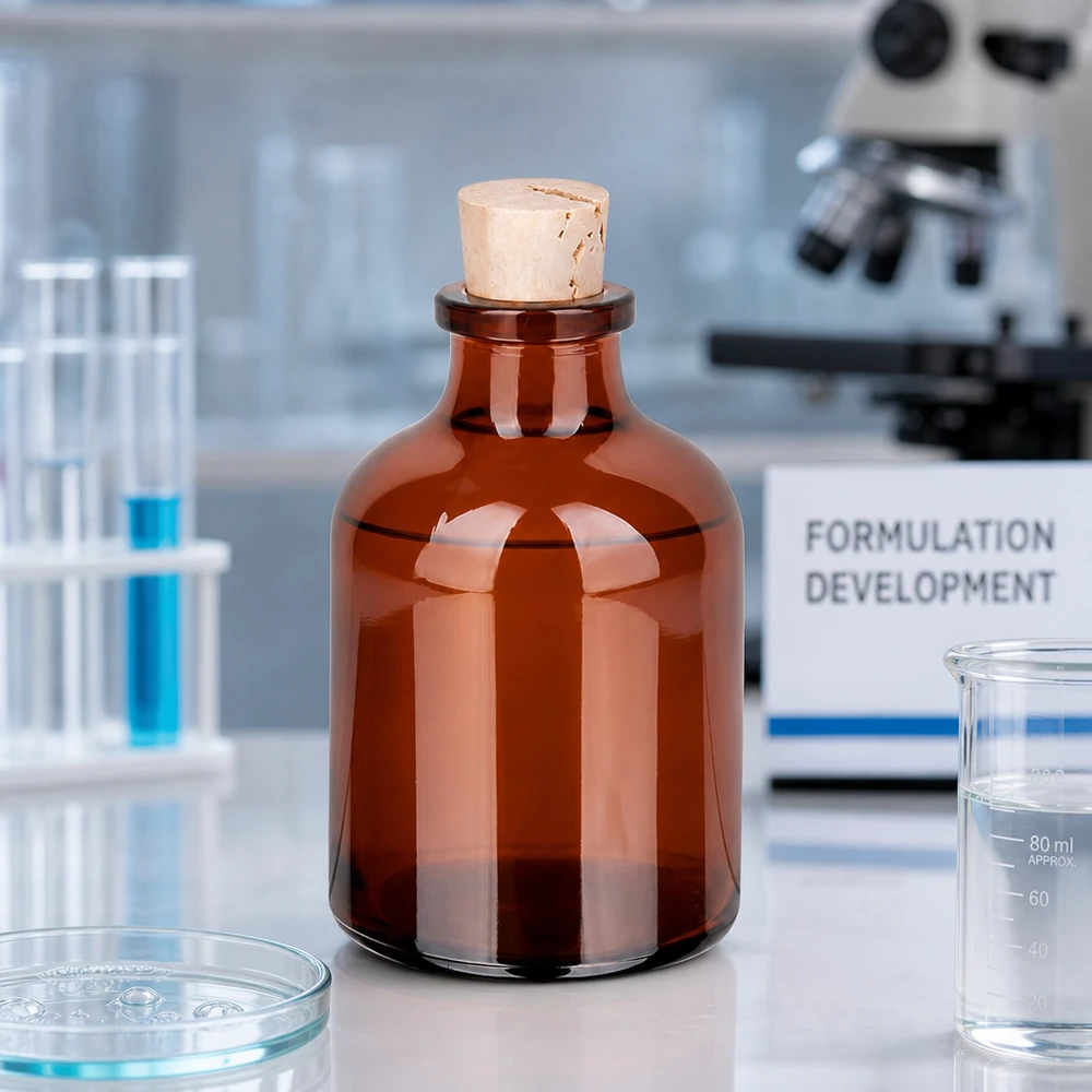 Botella de vidrio ámbar 50ml con corcho 11/14mm Kompakte Braunglasflasche mit Korken 14mm Höhe für pharmazeutische Anwendungen