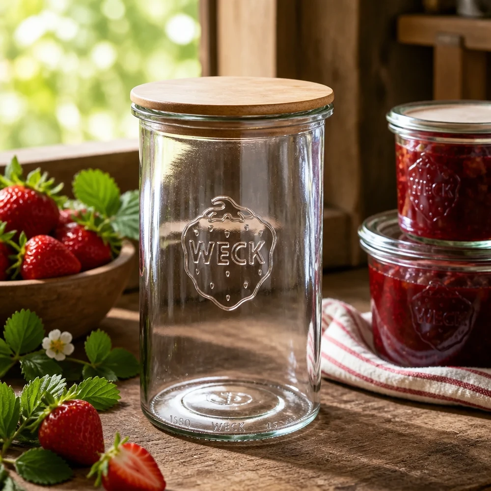 Vasos WECK RR100 de 1000ml con tapa de madera Tarro WECK de 1000 ml con tapa de madera en una cocina rústica junto a mermelada de fresa casera y fresas frescas