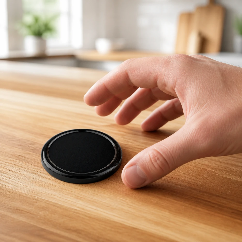 Tapa negra TO58 BasicSeal de 58 mm con cierre UNiTWIST, colocada sobre una superficie de madera junto a una mano