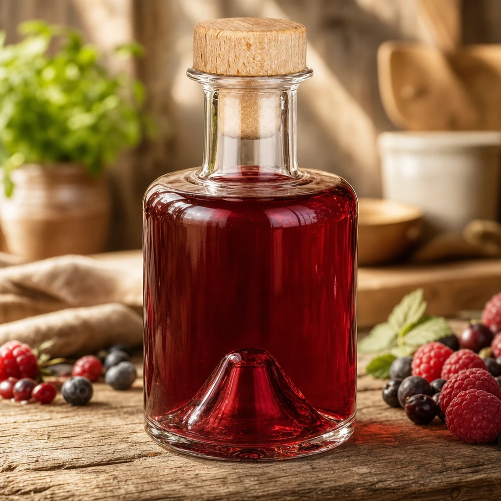 Botella de cristal Sofía de 200 ml con tapón de madera rellena de licor de bayas junto a frambuesas y arándanos en un ambiente de cocina rústica