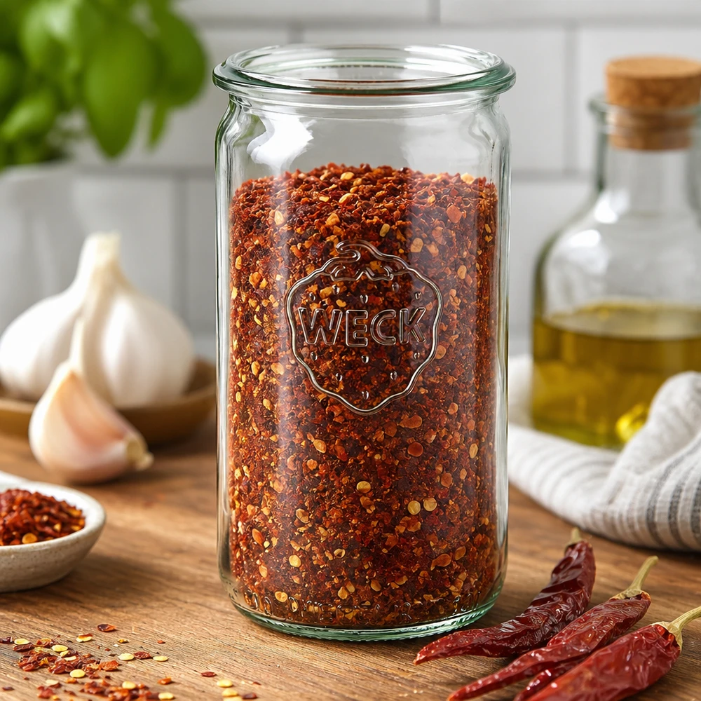 Frasco cilíndrico de cristal WECK RR60 de 340 ml WECK tarro cilíndrico 340ml RR60 lleno de copos de guindilla sobre una mesa de madera con ajo y guindillas secas