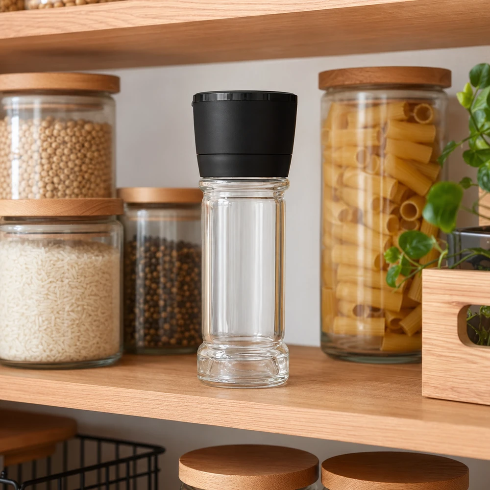 Frasco para sal y especias de 100 ml con molinillo Vario negro Frasco para especias de 100 ml con molinillo negro Vario, colocado en una estantería de madera entre los frascos de arroz y pasta
