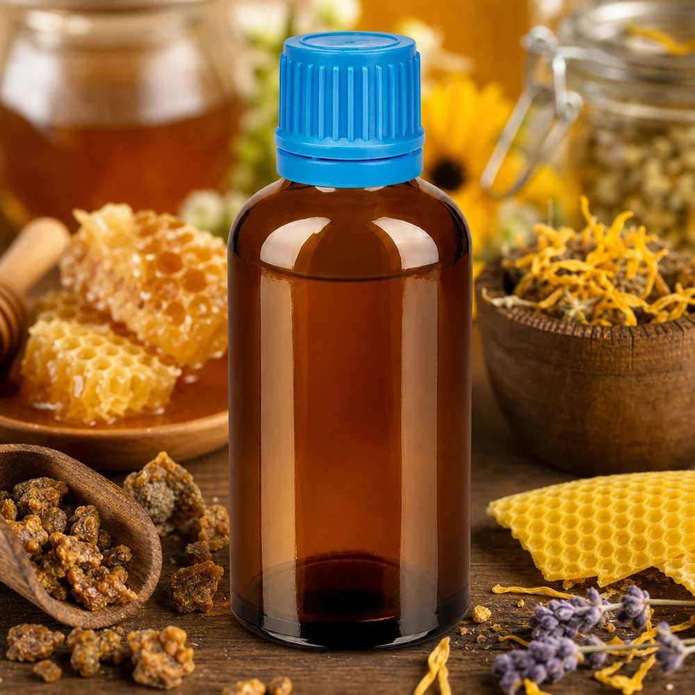 Botella 50ml tapón rosca 11mm azul cierre inviolable BrownLine UT18/50 Frasco de vidrio ámbar de 50 ml con tapón azul a prueba de manipulaciones para un almacenamiento seguro de las tinturas