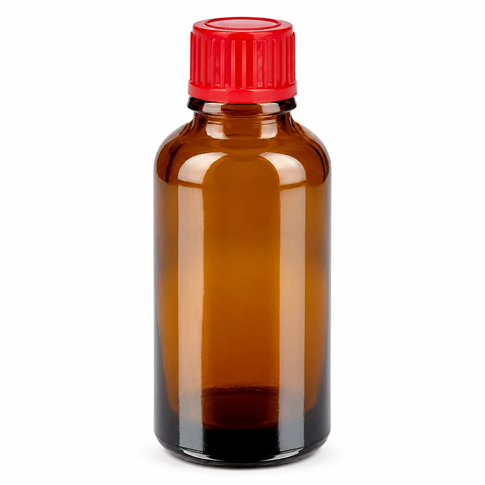 Frasco de vidrio ámbar de 30 ml con tapón de rosca rojo para aceites esenciales y medicamentos