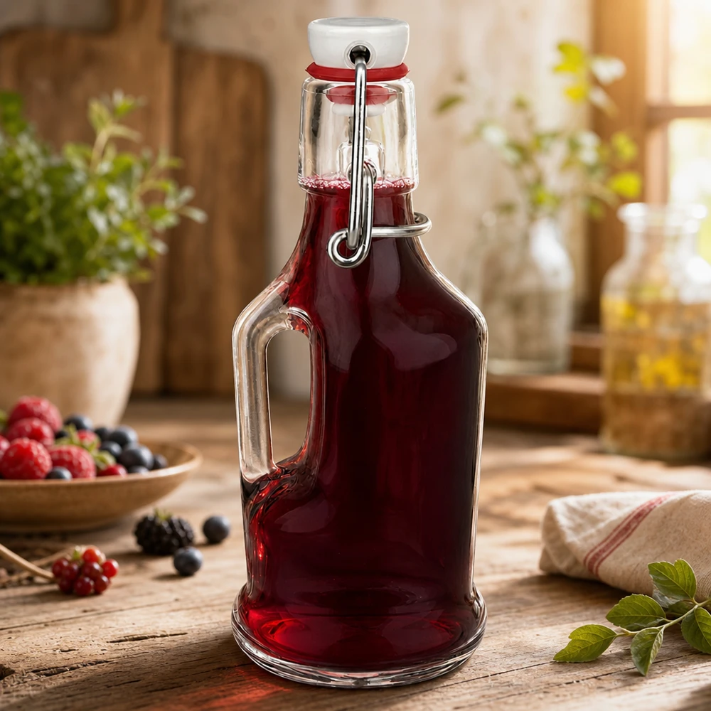 Botella de cristal Bertha 200ml llena de zumo de bayas rojas, tapa basculante cerrada, cocina rústica con bayas