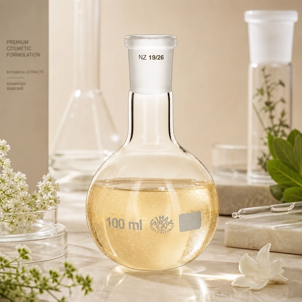 Frasco hembra con solución dorada de 100 ml de volumen - material de vidrio de laboratorio de alta calidad con junta esmerilada estándar 19/26