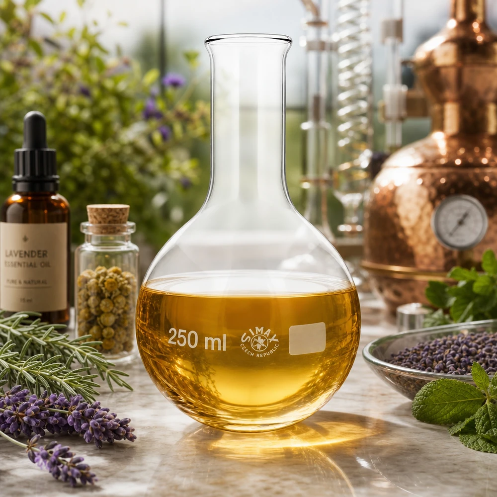 Matraz 250ml cuello estrecho Frasco de pie 250ml cuello estrecho con líquido dorado para aceites esenciales y destilación