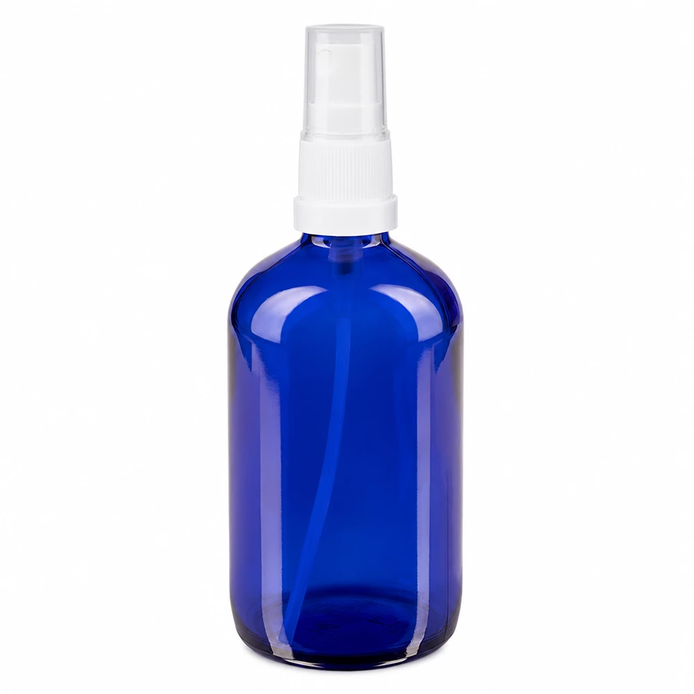 Frasco pulverizador de cristal azul de 100 ml con pulverizador blanco, fabricado en cristal de farmacia, para cosmética y farmacia