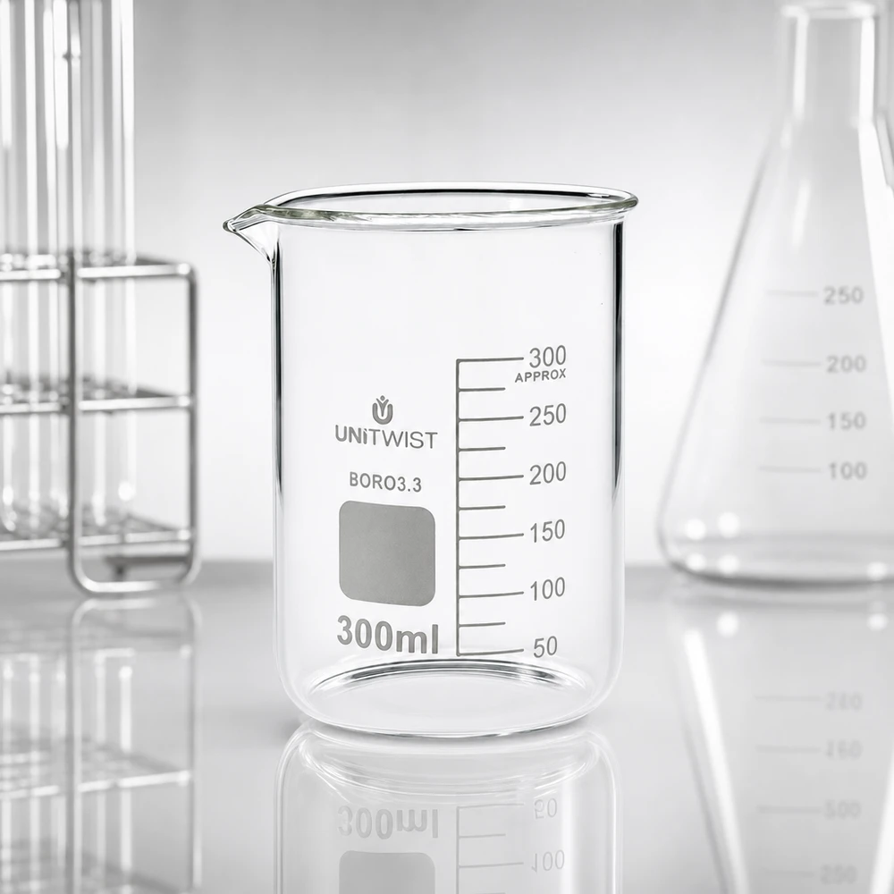 Vaso de precipitados UNiTWIST de 300 ml, de borosilicato, de perfil bajo, con escala en mililitros, junto a un matraz de Erlenmeyer
