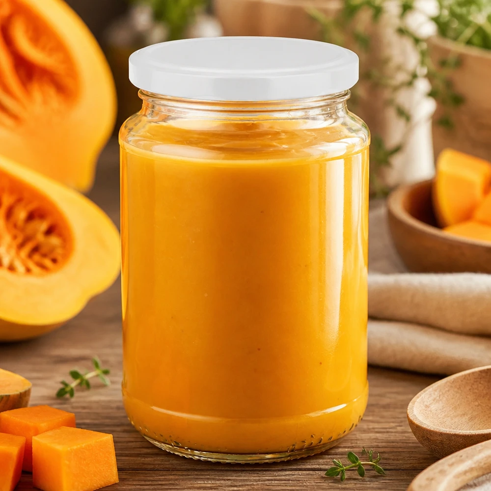 Vaso redondo UNiTWIST de 320 ml con tapa BasicSeal, lleno de cremoso puré de calabaza, sobre una mesa de madera