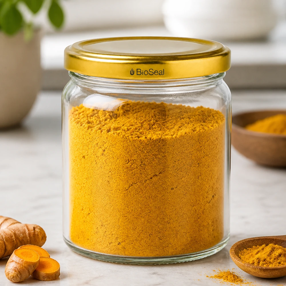Tarro redondo de 408ml con tapa dorada UNiTWIST BioSeal Tarro de almacenamiento UNiTWIS Runda408 con tapa dorada TO82 lleno de cúrcuma en polvo junto a raíces frescas de cúrcuma