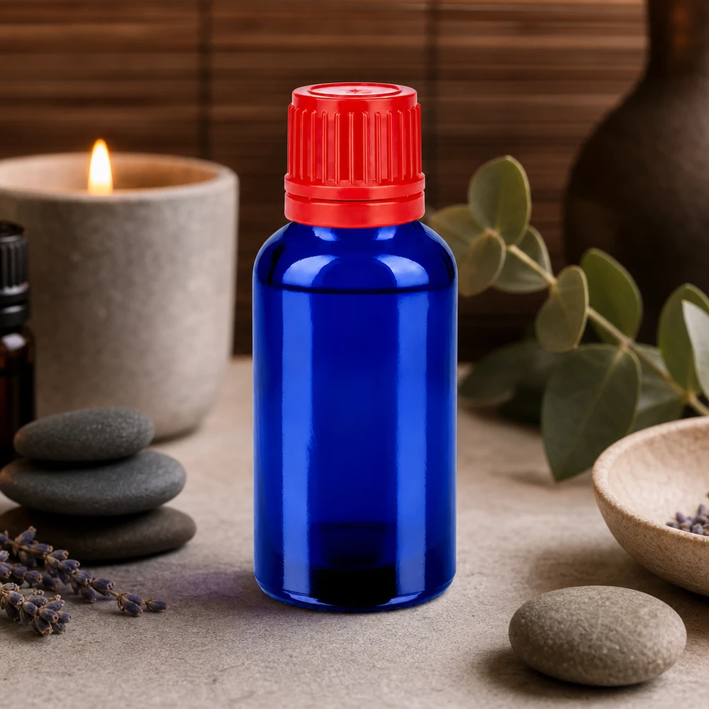 Frasco de farmacia de 30 ml de alta calidad, de vidrio de cobalto con protección UV y tapón a prueba de niños