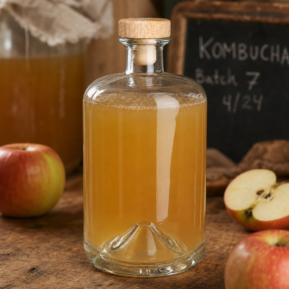 Botella de farmacia de 700 ml «Sofia» con tapón de corcho con asa de madera UNiTWIST® Botella de cristal Sofía de 700 ml con tapón de madera llena de zumo de manzana junto a manzanas frescas y barra de Kombucha