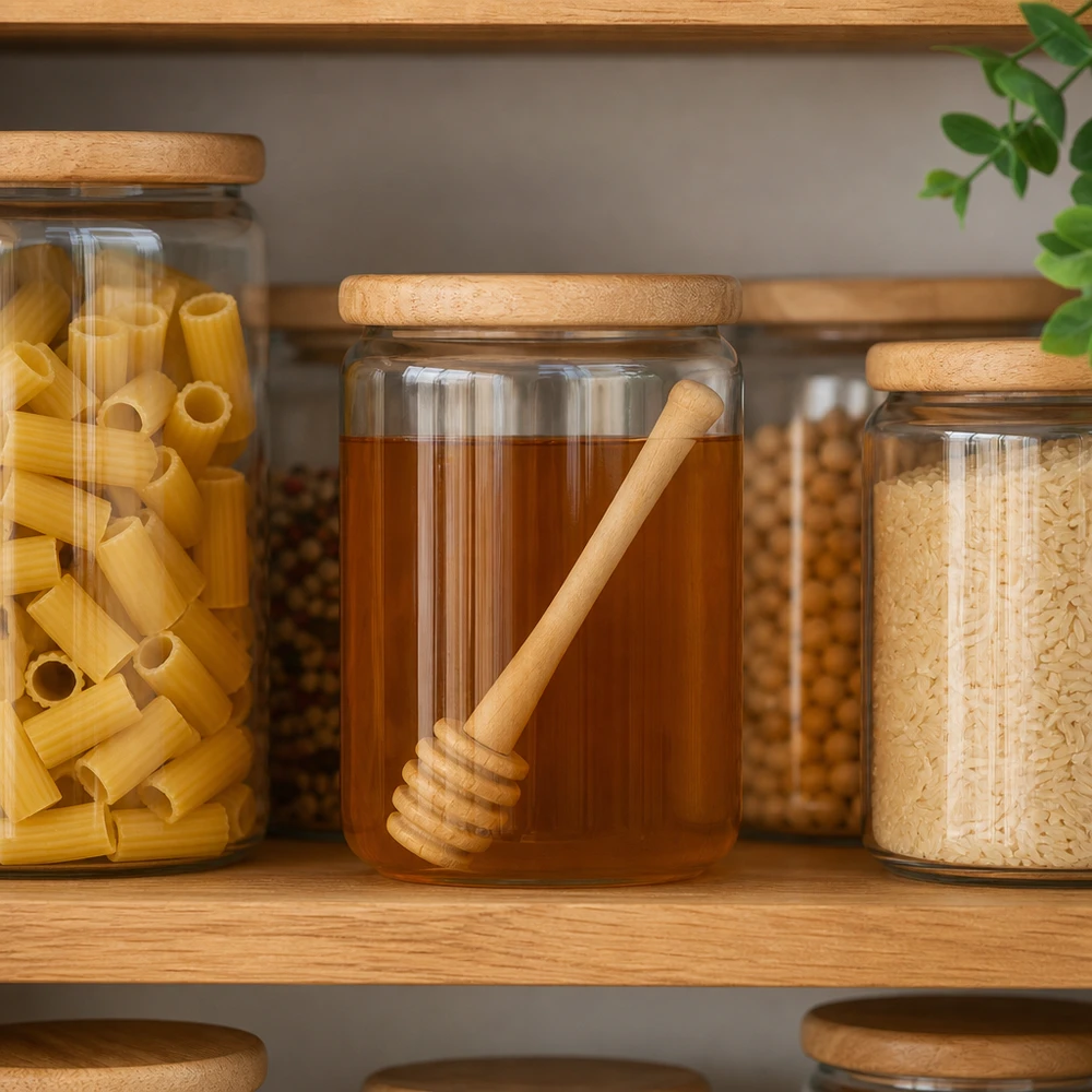 Cuchara para miel de robusta madera de arce / 10,5 cm de largo Cuchara de miel de madera de arce en tarro de almacenaje entre pasta y arroz muestra la organización versátil de la cocina