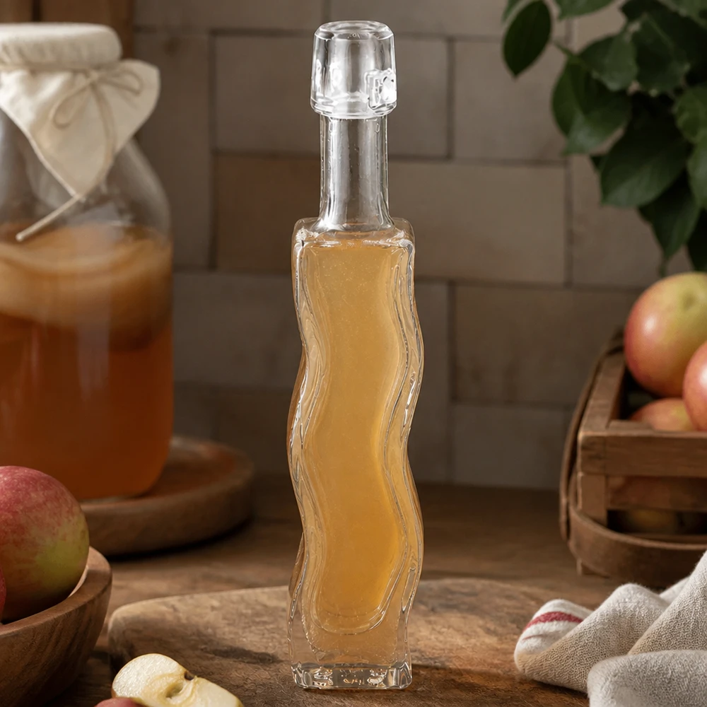 Botella de cristal de 40 ml Anna llena de vinagre de sidra de manzana cocina rústica tabla de madera manzanas frescas ingredientes naturales vinagreta