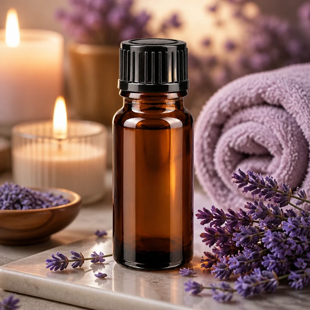 Frasco cuentagotas de vidrio ámbar de 10 ml con tapón dosificador negro, entre flores de lavanda y velas