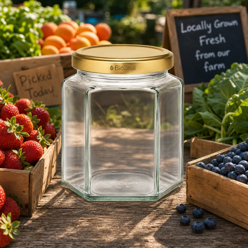 Tarro de cristal vacío UNiTWIST Hexa390 con tapa BioSeal dorada en el mercado agrícola entre frutas y verduras frescas
