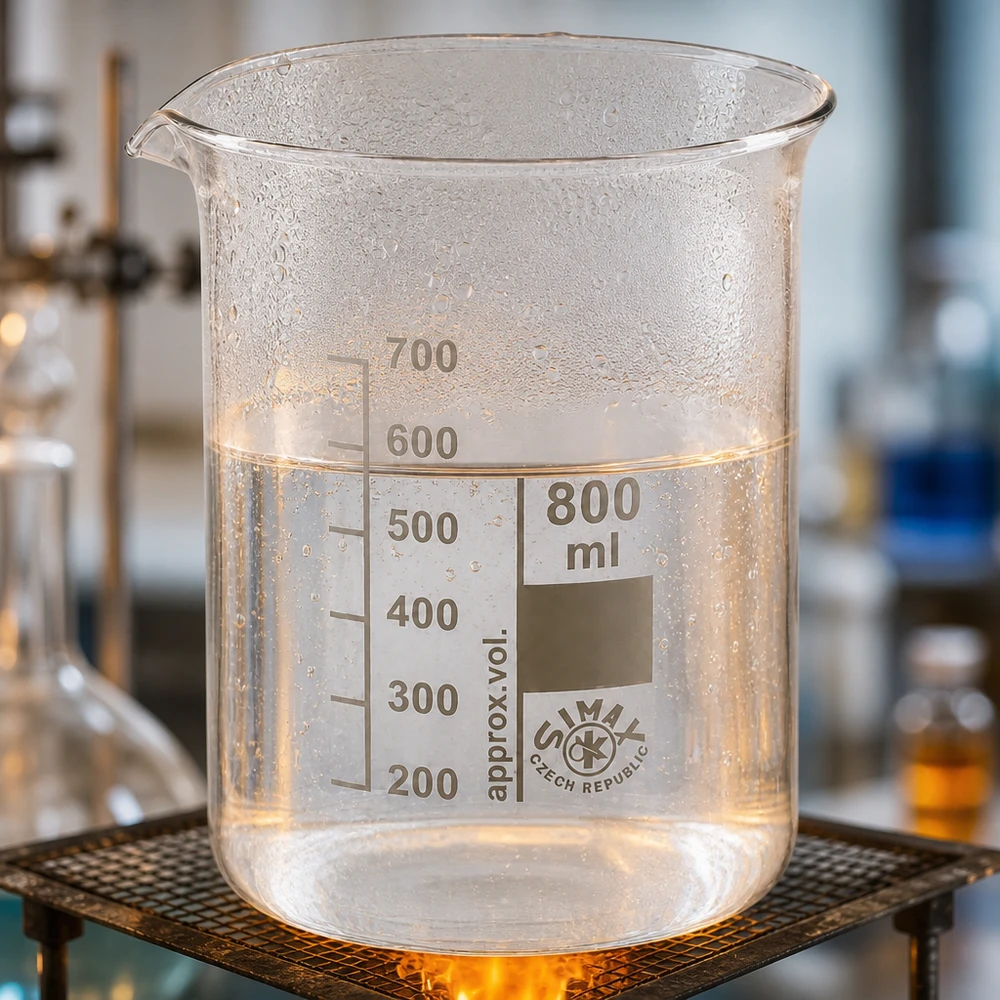 Vaso de vidrio de borosilicato de 800 ml resistente al calor con escala y pico para un trabajo de laboratorio seguro