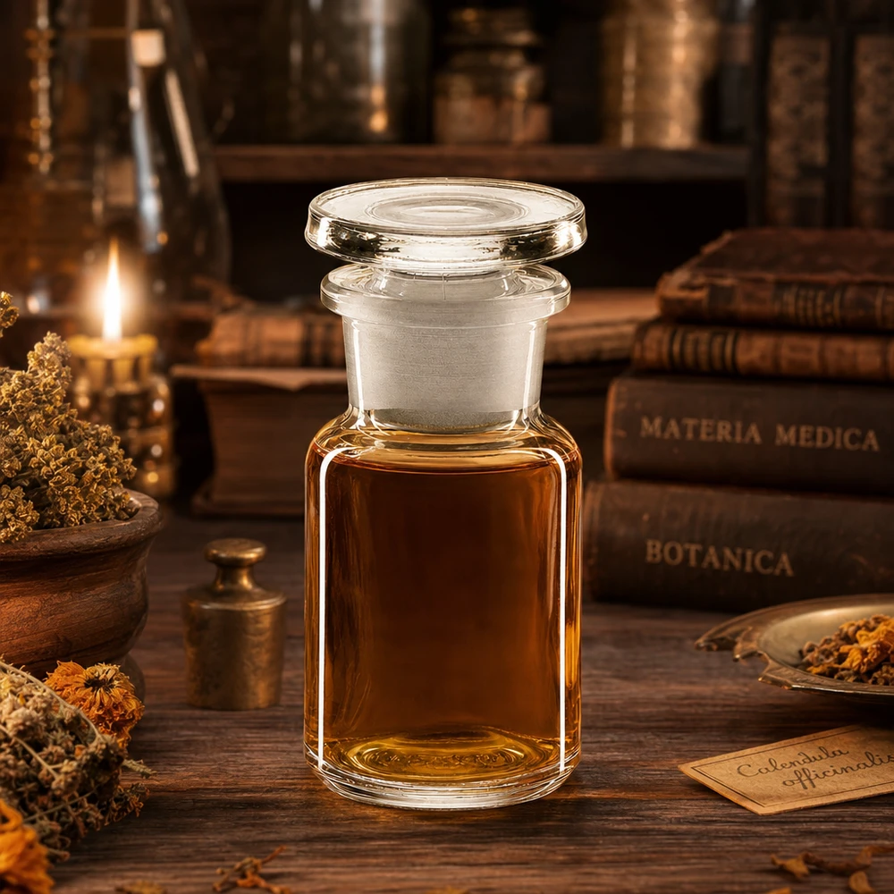 Frasco de farmacia transparente de cuello ancho de 50 ml con tapón de cristal, lleno de aceite de color ámbar