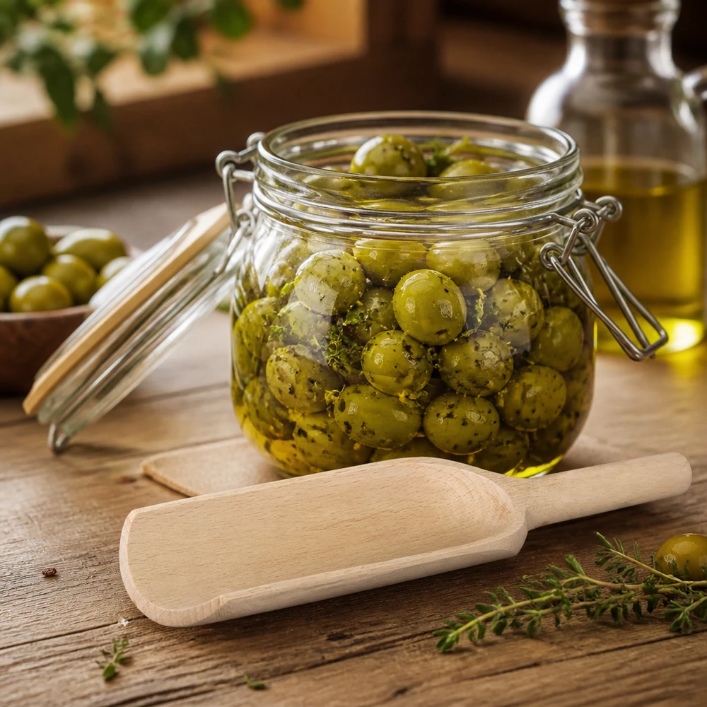 Pala de madera L 18cm plana junto a tarro de conserva con aceitunas marinadas hierbas y aceite de oliva paisaje cocina mediterránea